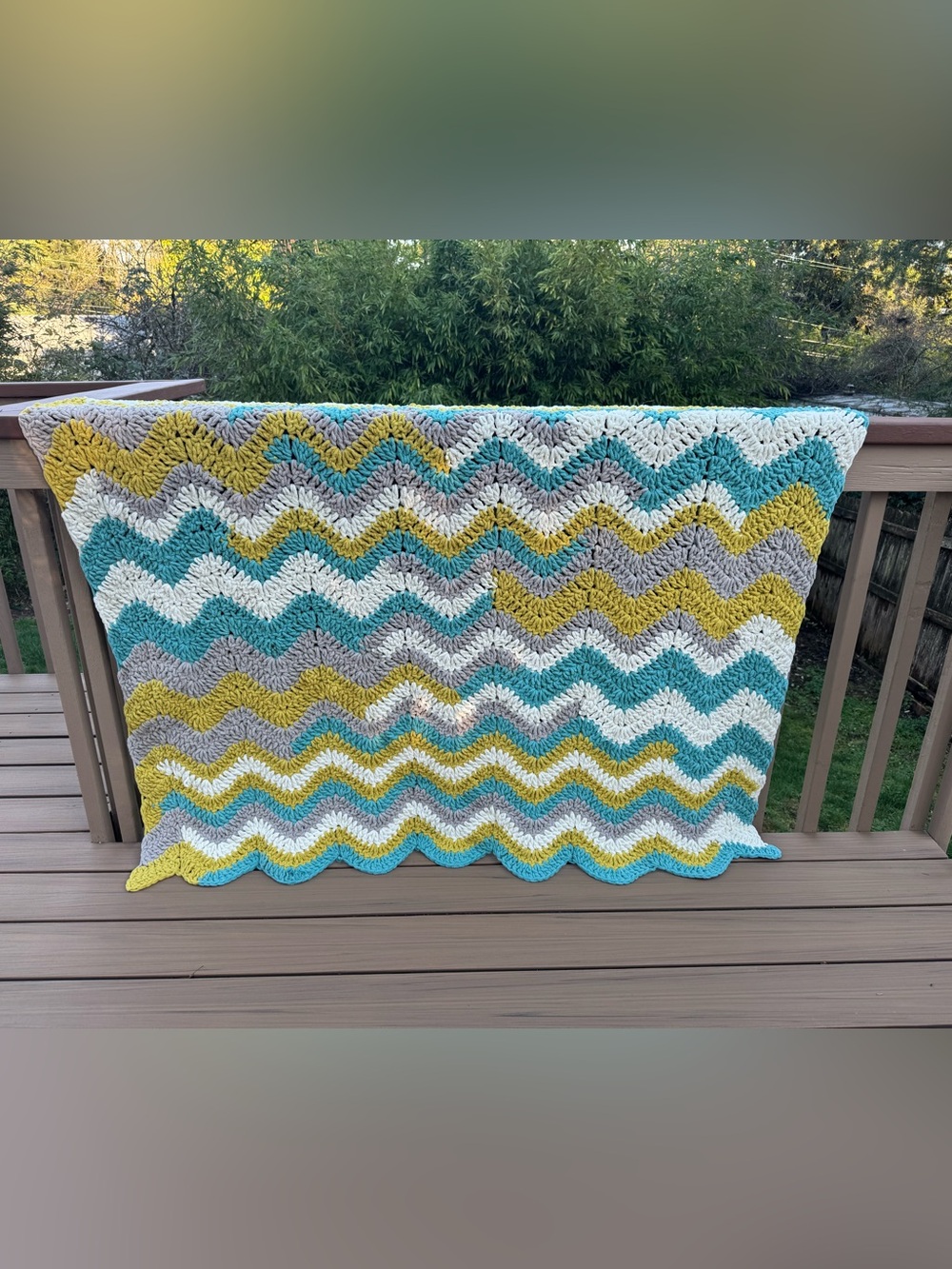 Large Handmade Chenille Crochet Blanket Teal Green White Grey Chevron 5ft x 6ft